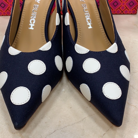 TORY BURCH CANVAS NAVY SLINGBACK PUMP WITH LEATHER POLKA DOTS IN WHITE SIZE 7, 8 - Picture 9 of 15